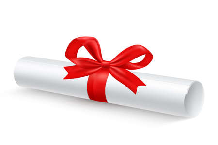 White glossy paper scroll roll tied with red ribbon bow realistic close-up image shadow vector illustrationのイラスト素材