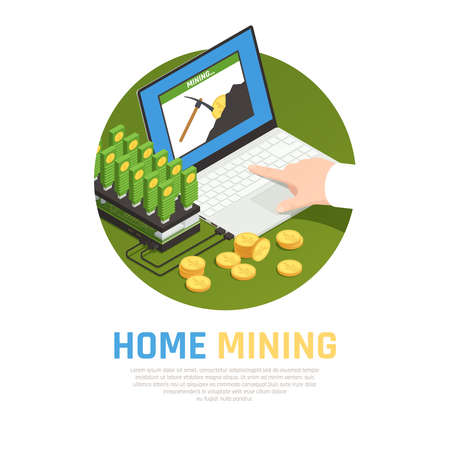 Blockchain cryptocurrency isometric composition with editable text and images of mining farm laptop computer and coins vector illustrationのイラスト素材