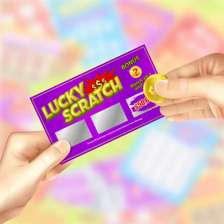 Scratch lottery ticket in hands with coin to rub revealing lucky number realistic advertisement poster vector illustrationのイラスト素材