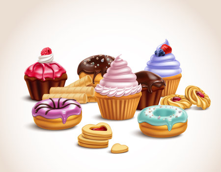 Cookies biscuits cupcakes donuts realistic 3d composition with set of high quality confectionery products with shadows vector illustrationのイラスト素材