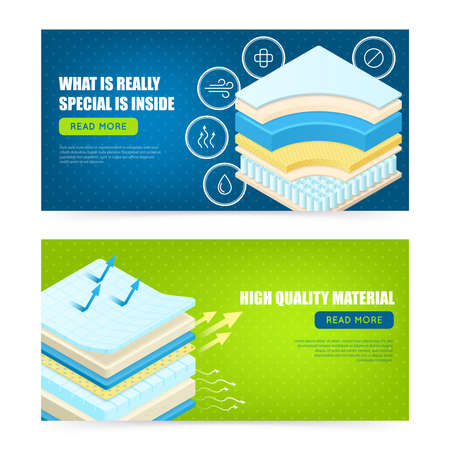Best mattress high quality modern materials description 2 horizontal promotional web page design banners isolated vector illustrationのイラスト素材