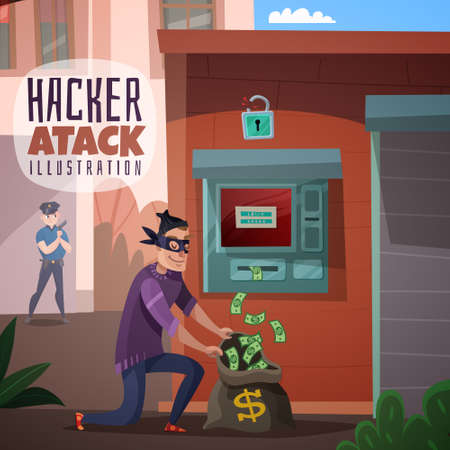 Person in mask during bank hacking and stealing money, police officer in background, cartoon vector illustrationのイラスト素材