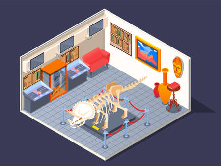Museum isometric composition with room interior and dinosaur skeleton model with rare collections and antique showpieces vector illustrationのイラスト素材