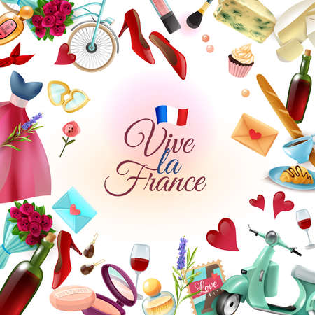 France paris frame background with french landmarks including eiffel tower, food, perfume and cosmetics vector illustrationのイラスト素材