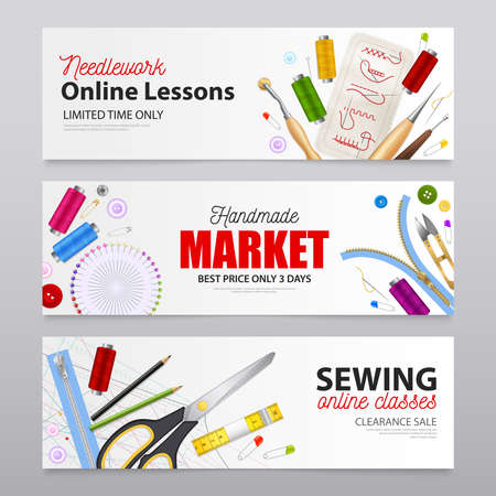 Handmade market realistic banners with advertising of needlework online lessons and sewing online classes vector illustrationのイラスト素材