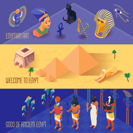 Isometric horizontal banners set with ancient egyptian gods and art 3d isolated vector illustrationのイラスト素材