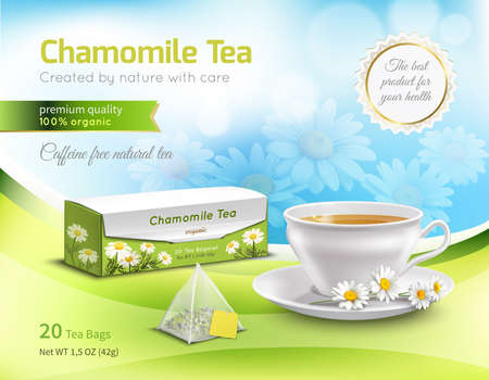 Chamomile tea advertising realistic composition on blue blurred background with flowers, carton packaging, white cup vector illustrationのイラスト素材
