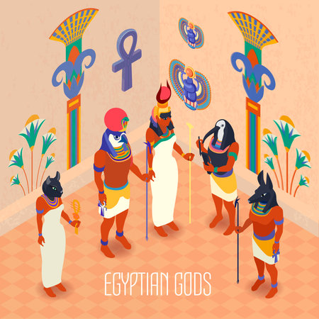 Egyptian ancient gods and goddesses in colorful masks isometric 3d vector illustrationのイラスト素材