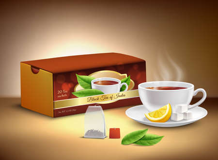 Black tea cardboard packaging, cup of hot drink with sugar and lemon realistic design vector illustrationのイラスト素材