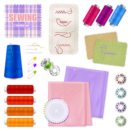Sewing accessories realistic icons set of textile pieces spools pins seam samples isolated vector illustrationのイラスト素材