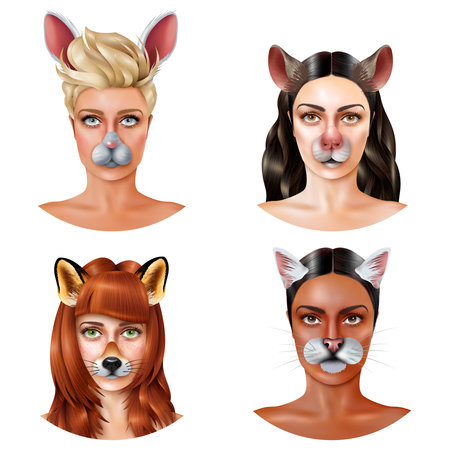 Four isolated cute animal faces design concept female faces with animal faces vector illustrationのイラスト素材