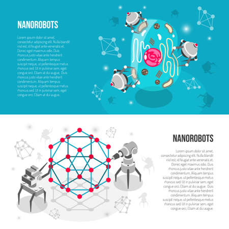 Set of horizontal isometric banners with nano robots, lattice, cell isolated on white turquoise background vector illustrationのイラスト素材