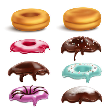 Cookies biscuits cupcakes donuts realistic 3d collection with isolated images of colourful donut toppings on blank background vector illustrationのイラスト素材
