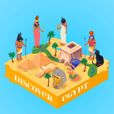 Discover egypt isometric poster with ancient egyptian gods and pyramids on blue background 3d vector illustrationのイラスト素材