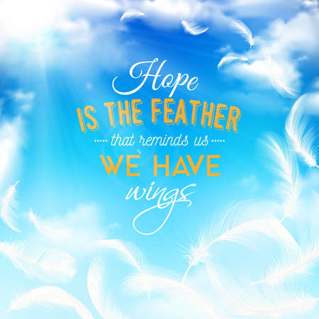 Blue clouding sky realistic background with elegant white feathers as wings part and symbol of hope vector illustrationのイラスト素材