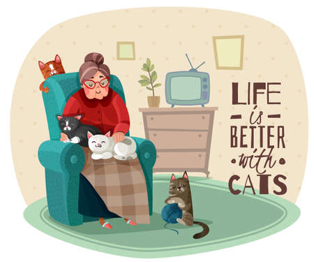 Old lady in armchair with cats during leisure in home interior, phrase about life vector illustrationのイラスト素材