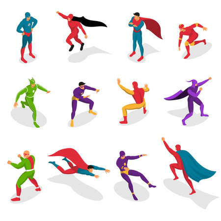 Super heroes in colorful costumes during various actions set of isometric icons isolated vector illustrationのイラスト素材