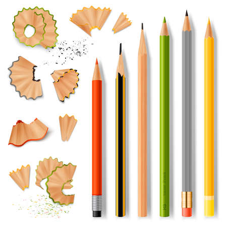 Sharpened wooden pencil with rubber eraser of various size and shavings realistic set isolated on white background vector illustrationのイラスト素材