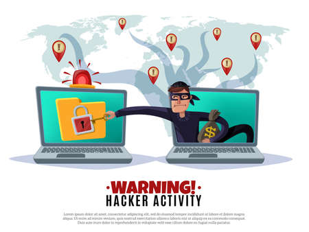 Hacker activity, cracker during attack on computer security system on world map background, horizontal cartoon vector illustrationのイラスト素材