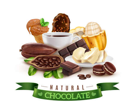 Realistic cocoa products composition with fresh and dried pods, cacao butter, hot drink, chocolate desserts vector illustrationのイラスト素材