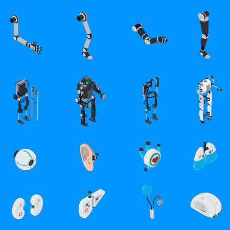 Exoskeleton bionic prosthetics icons set with artificial body symbols on blue background isometric isolated vector illustrationのイラスト素材