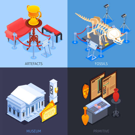 Museum isometric 2x2 design concept with compositions of museum collection images with specimen and text captions vector illustrationのイラスト素材