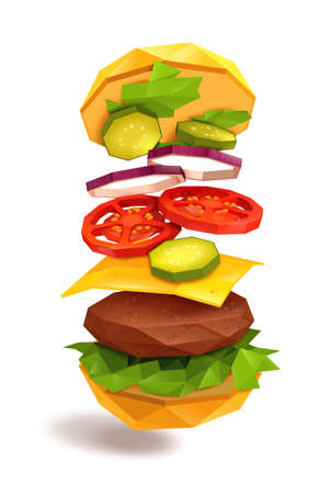 Hamburger with flying ingredients including bun, beef patty, cheese, vegetables on white background vector illustrationのイラスト素材