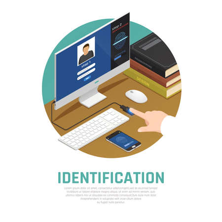 Access identification isometric composition with editable text and view of workplace with computer and fingerprint sensor vector illustrationのイラスト素材