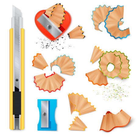 Realistic set of stationery with sharpener knife for pencils sharpening and shavings isolated icons on white background vector illustrationのイラスト素材