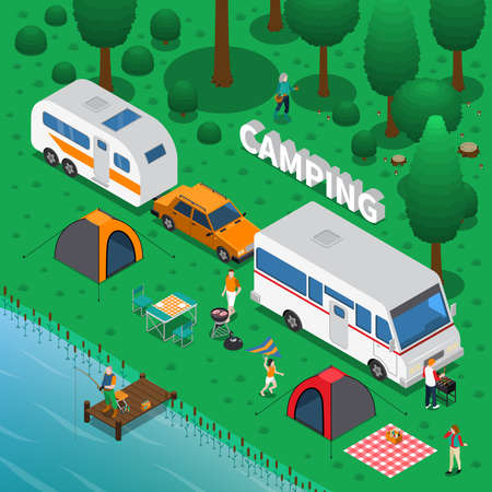 Camping concept with fishing trailer and family symbols isometric vector illustrationのイラスト素材