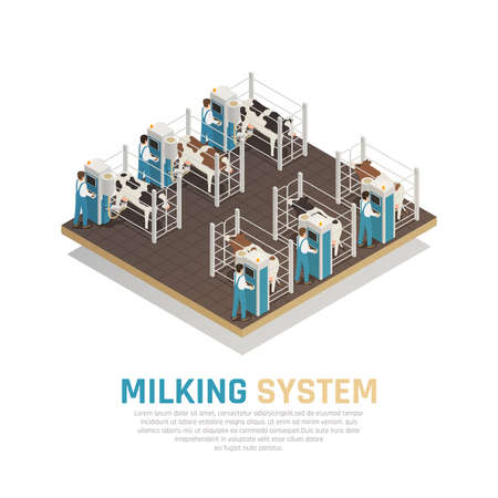 Dairy production milk factory isometric composition with editable text and view of semi-automatic milking operation vector illustrationのイラスト素材