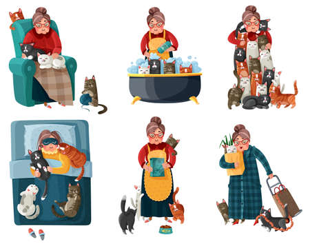 Lonely lady with cats during shopping, feeding, sleeping, relaxation in armchair set of icons isolated vector illustrationのイラスト素材