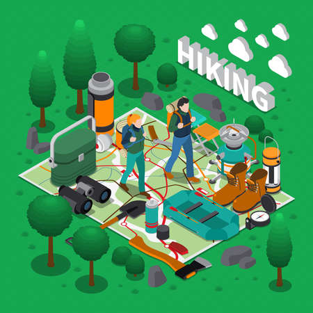 Camping and hiking isometric composition with outdoor activity and equipment symbols vector illustrationのイラスト素材