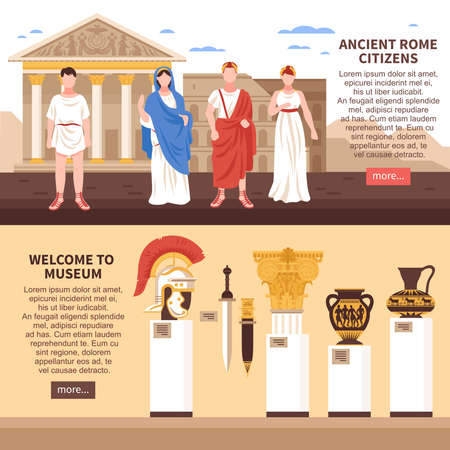 Ancient rome 2 flat horizontal banners webpage design with museum art masterpieces culture and citizens vector illustrationのイラスト素材