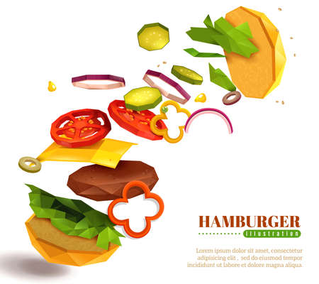 3D flying hamburger with sesame bun, lettuce and sliced vegetables, cheese, cutlet on white background vector illustrationのイラスト素材