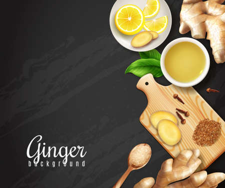 Ginger roots, cutting board with spices, cup of tea, saucer with lemon on black background vector illustrationのイラスト素材