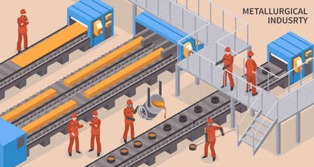 Steel and iron metallurgical industry hot rolling and injection molding facility isometric composition with workers vector illustrationのイラスト素材