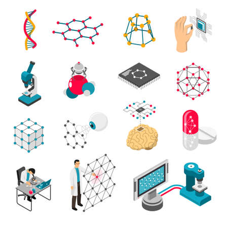 Nano technology set of isometric icons with scientific laboratory, grids and particles, medical innovation isolated vector illustrationのイラスト素材