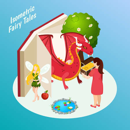 Fairy tales isometric composition on blue background with open book, fabulous characters, treasure chest vector illustrationのイラスト素材