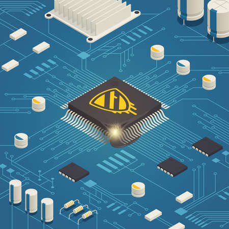 Meltdown cpu hardware vulnerability bug isometric composition with computer system board and malicious software symbol vector illustrationのイラスト素材
