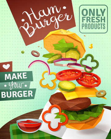 3D hamburger and sauce on brown wooden table, ad poster on green textured background vector illustrationのイラスト素材