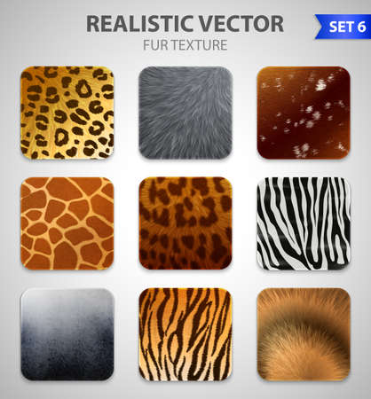 Set of nine wild animal fur texture square patches of different colorful patterns in realistic style vector illustrationのイラスト素材