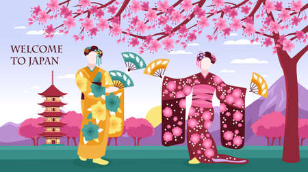 Ancient japan culture tourists attraction banner with women in traditional kimono sakura blossom pagoda mountains vector illustrationのイラスト素材
