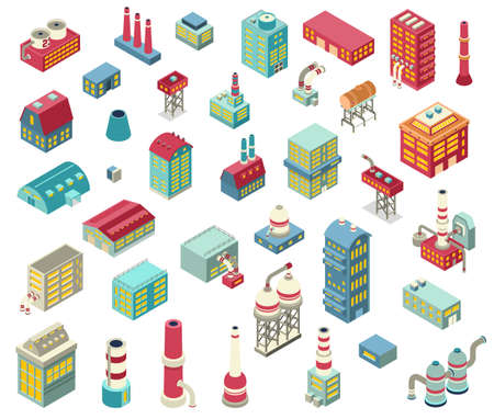 Set of isometric factory objects including industrial buildings, chimneys, engineering structure and equipment isolated vector illustrationのイラスト素材