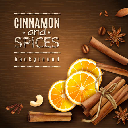 Cinnamon sticks, orange slices, coffee grains and spices anise stars, cloves on wooden texture background vector illustrationのイラスト素材