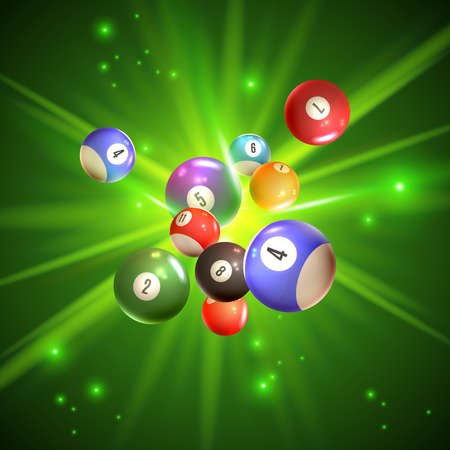 Colorful bingo balls with reflection on sparkling green background with light rays 3d vector illustrationのイラスト素材