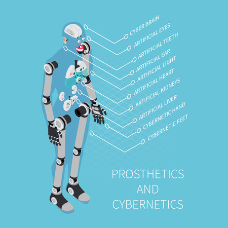 Prosthetics and cybernetics composition with healthcare symbols on blue background isometric vector illustrationのイラスト素材