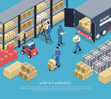 Work in ware house scene with staff, shelves with packages, shipment goods from truck isometric vector illustrationのイラスト素材