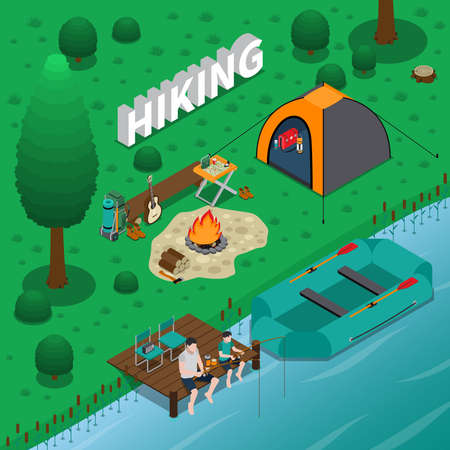 Hiking concept with fishing campfire and family symbols isometric vector illustrationのイラスト素材