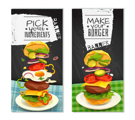 Set of vertical banners on black background with hamburger on white dish isolated vector illustrationのイラスト素材